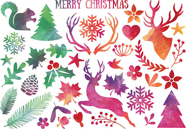 watercolor boże narodzenie, wektor zestaw - silhouette christmas holiday illustration and painting stock illustrations