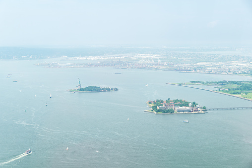 New York, USA - July 13, 2015: Aerial view on Upper Bay in New York. Upper Bay is the traditional heart of the Port of New York and New Jersey, and often called New York Harbor.