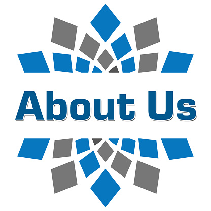 About us text over abstract blue grey background.