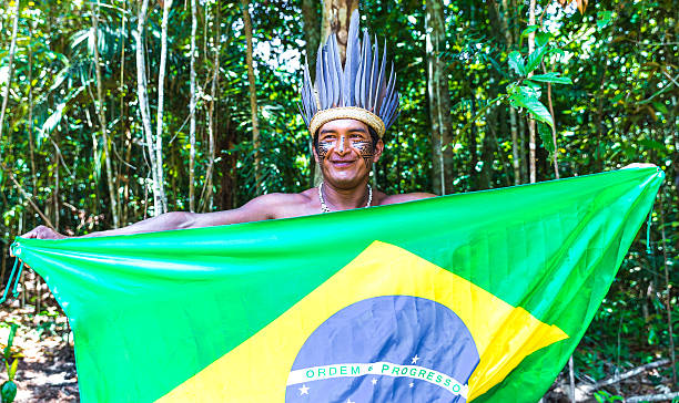 rodowity brazylijski trzymając flagę z brazylii - indian flag zdjęcia i obrazy z banku zdjęć