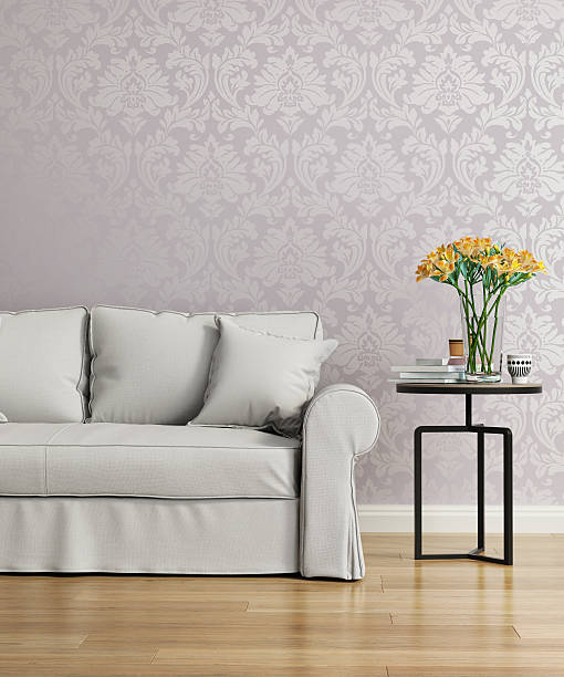istock Grey sofa with a purple damask victorian wallpaper 495697822