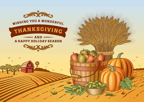 Vintage Thanksgiving landscape in woodcut style. Editable vector illustration with clipping mask. Includes high resolution JPG.