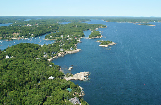 Beautiful New England (US) coastline view from airplane. Area near Boothbay Harbor, ME.