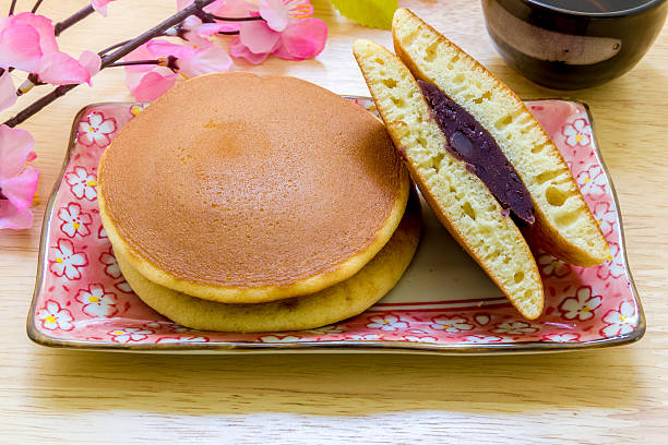 Dorayaki or Japanese pancake filled with red bean paste.