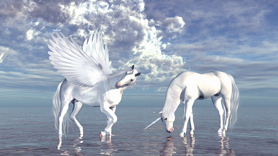 two fantasy horses: white unicorn and pegasus