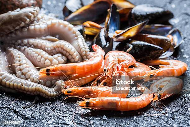 Three Kinds Of Fresh Seafood Stock Photo - Download Image Now - Jumbo Shrimp, Animal, Appetizer