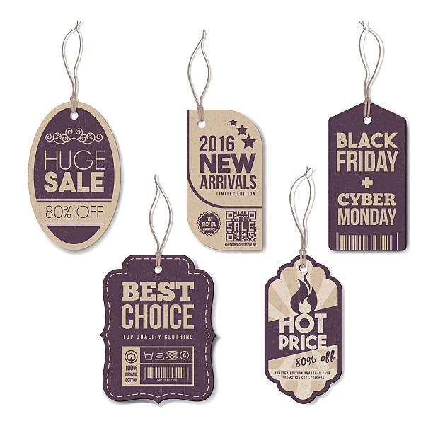 Vintage tags set Vintage tags set with string, textured realistic paper, retail, sale and discount concept clothing hang tags stock illustrations