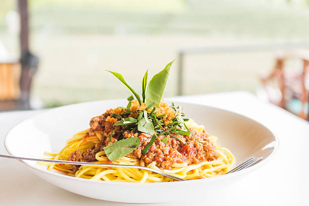 istock Spaghetti sauce and pork on blur nature background 495702926