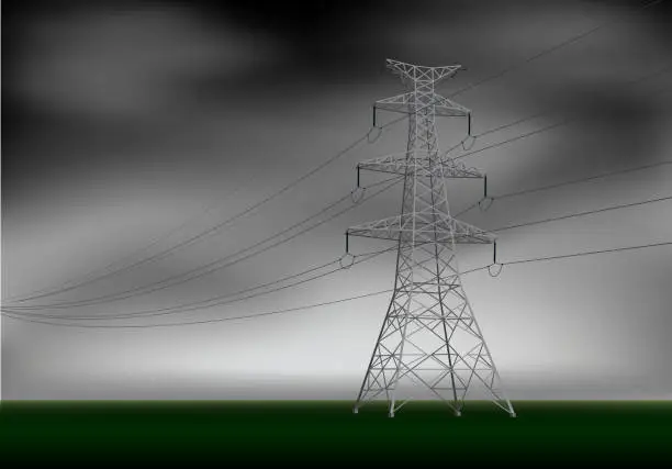 Vector illustration of High voltage tower in cloudy sky