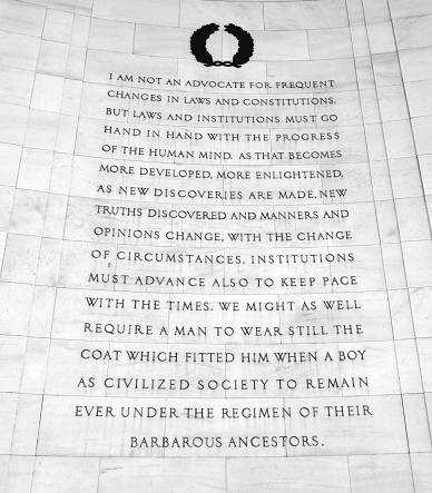 Washington DC, USA - April 13, 2015: Excerpt of political thinking of Thomas Jefferson at the Jefferson Memorial in Washington DC