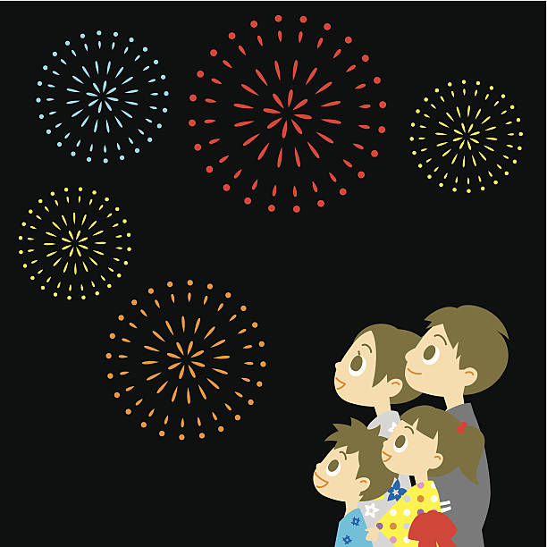 Fireworks display in Japan Fireworks display in Japan, Family in yukata, kimono for summer, vector file good looking man looking up stock illustrations