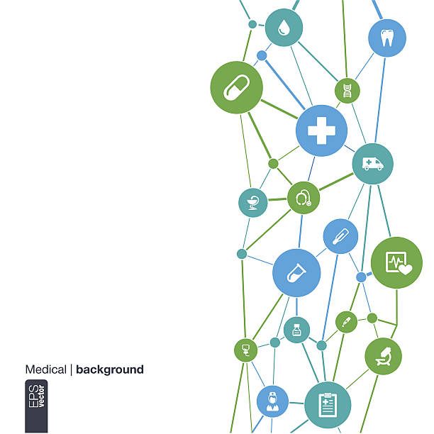 ilustrações de stock, clip art, desenhos animados e ícones de medicamento fundo abstrato com linhas, círculos e ícones planas. - growth global business global communications healthcare and medicine