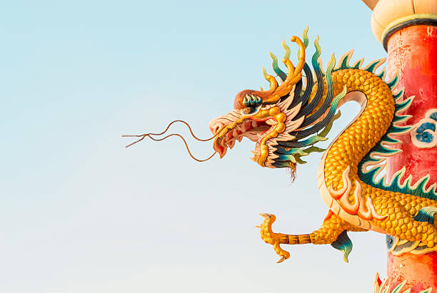 istock Golden Chinese Dragon Wrapped around red pole at temple 495717521