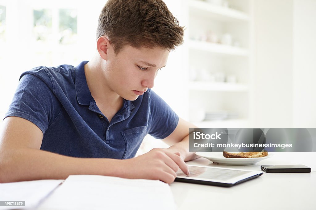 Teenage Boy Studying Using Digital Tablet At Home 18-19 Years Stock Photo