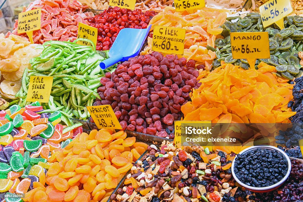 Dry fruits at a market in Istanbul Dry fruits at the Spice market in Istanbul, Turkey 2015 Stock Photo