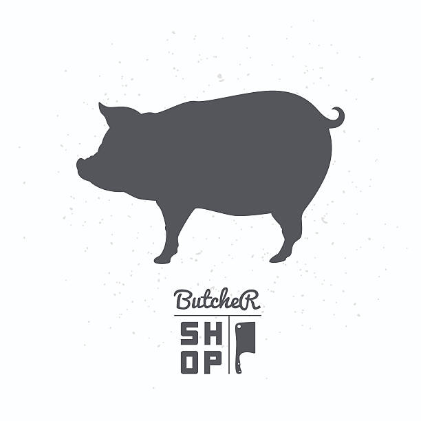 Pig silhouette. Pork meat. Butcher shop label template Pig silhouette. Pork meat. Butcher shop label template for craft food packaging or restaurant design. Vector illustration pig silhouettes stock illustrations