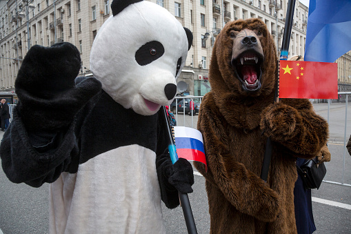 Russia, Moscow, 04 of November, 2015: The demonstrators dressed as Chinese and Russian bears on Tverskaya street of Moscow during a traditional rally honouring the National Unity Day 