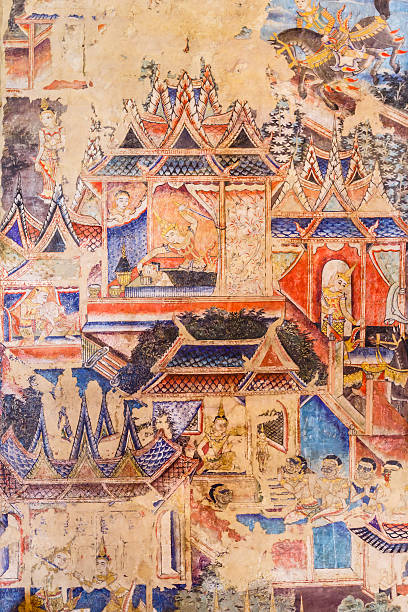 istock Over 100 year old mural paintings in Thailand. 495729566