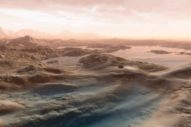 istock Vehicle driving between Martian lakes 495730740