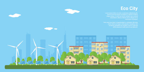 eco city green eco city with privat houses, panel houses, wind turbines and solar panels, flat style concept for renewable energy and eco technologies construction company brochure template stock illustrations