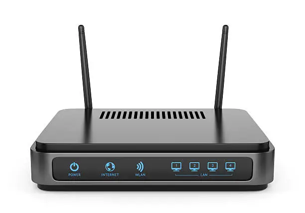 Modern wireless wi-fi router with two antennas isolated on white background. High speed internet connection, computer network and telecommunication technology concept.