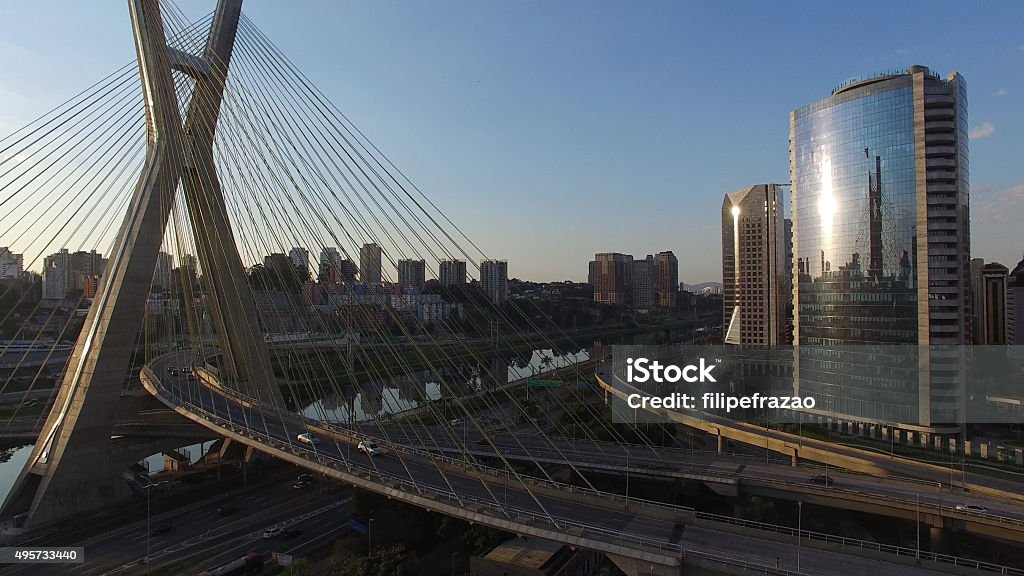 Sunset in Estaiada Bridge in Sao Paulo, Brazil 2015 Stock Photo