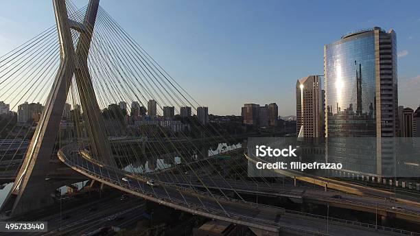 Sunset In Estaiada Bridge In Sao Paulo Brazil Stock Photo - Download Image Now - 2015, Aerial View, Antenna - Aerial