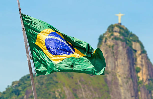 размахивающий лапами флаг бразилии в рио-де-жанейро, бразилия - rio de janeiro copacabana beach ipanema beach brazil стоковые фото и изображения