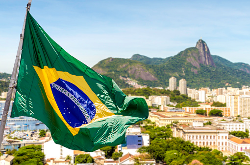 Brazilian waving flag on Rio de Janeiro, Brazil