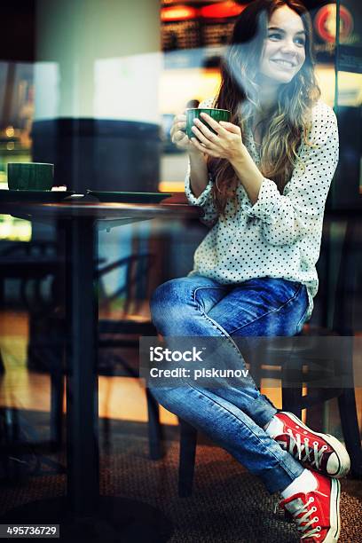 Young Woman With Tea Cap Stock Photo - Download Image Now - Outdoors, Restaurant, Warm Up Exercise