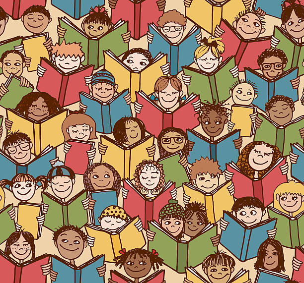 děti čtou knihy - barevně - knihovna školní budova stock ilustrace