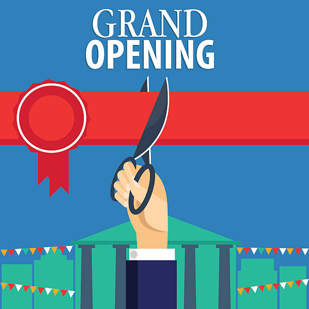 グランドオープニングカードにハンドカティングレッドのリボン。就任式のコンセプト - opening ribbon cutting opening ceremony点のイラスト素材／クリップアート素材／マンガ素材／アイコン素材