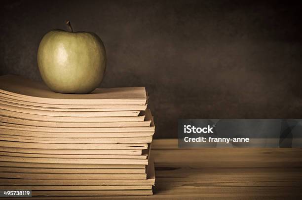 Teachers Desk Apple On Books Stock Photo - Download Image Now - Desk, Education, Vignette
