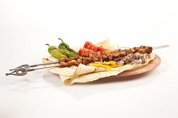Turkish Sis Kebab isolated white background stock photo