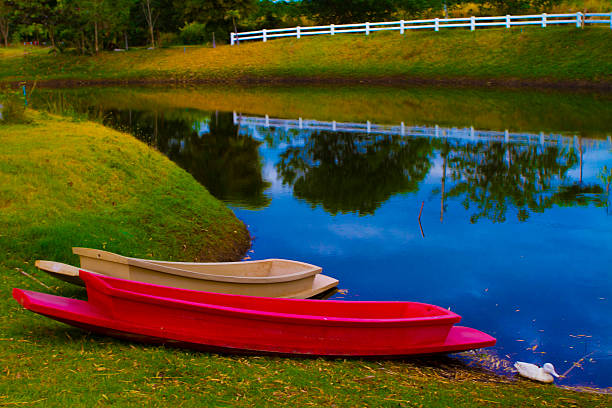 istock Double boats on the side of river 495747023