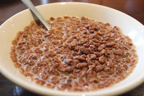 Cocoa rice krispies breakfast cereal in white bowl with milk