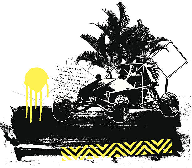 racing sand car with grunge summer scene vector art illustration