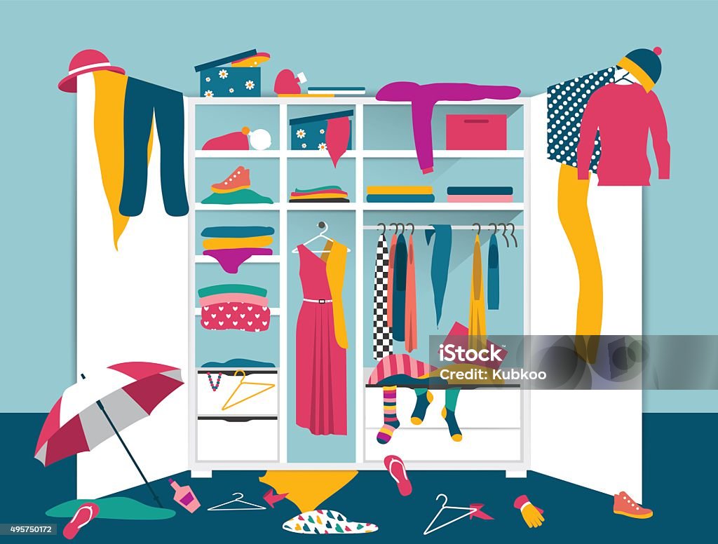 Open wardrobe. White closet with untidy clothes Open wardrobe. White closet with untidy clothes, shirts, sweaters, boxes and shoes. Home mess interior. Flat design vector illustration. Messy stock vector