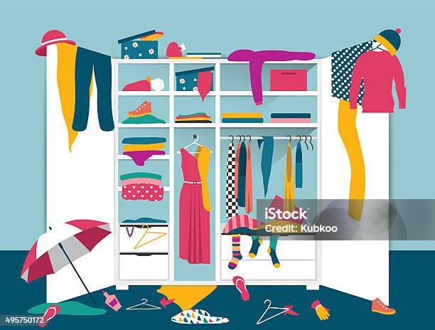 Open Wardrobe White Closet With Untidy Clothes Stock Illustration - Download Image Now - Messy, Closet, Cabinet