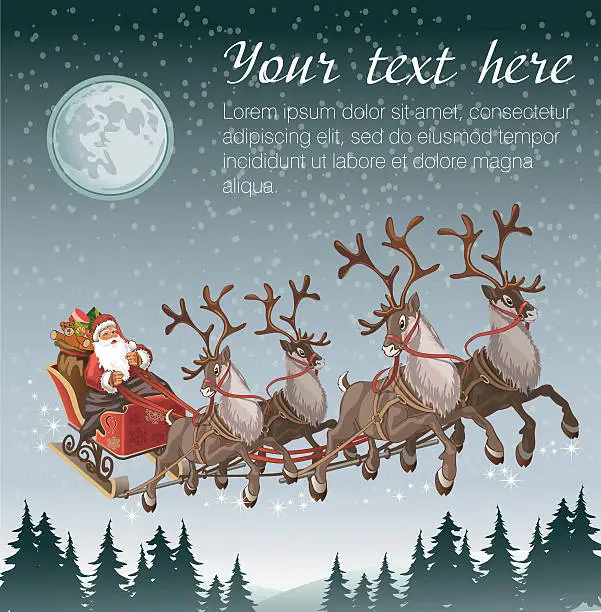 Vector illustration of Christmas background with Santa driving his sleigh on winter night