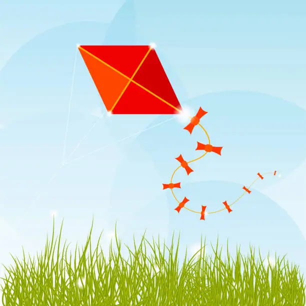 Vector illustration of Summer background with grass, clouds and a red kite
