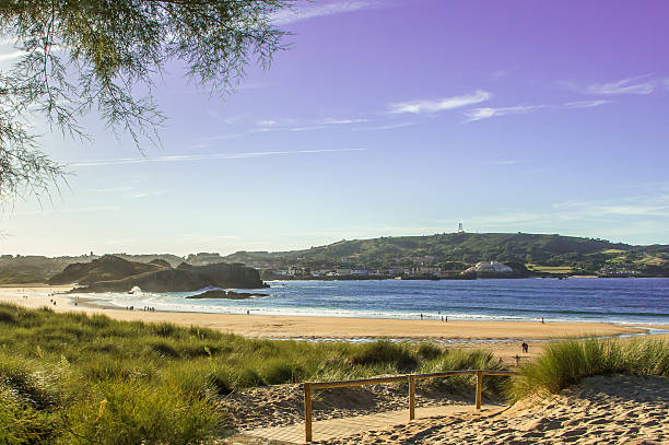 ris strand in noja, kantabrien - beach boardwalk grass marram grass stock-fotos und bilder