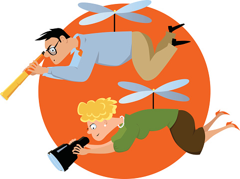 Overprotective couple hovering with a telescope and a binoculars, watching over their children, EPS 8 vector illustration, no transparencies 