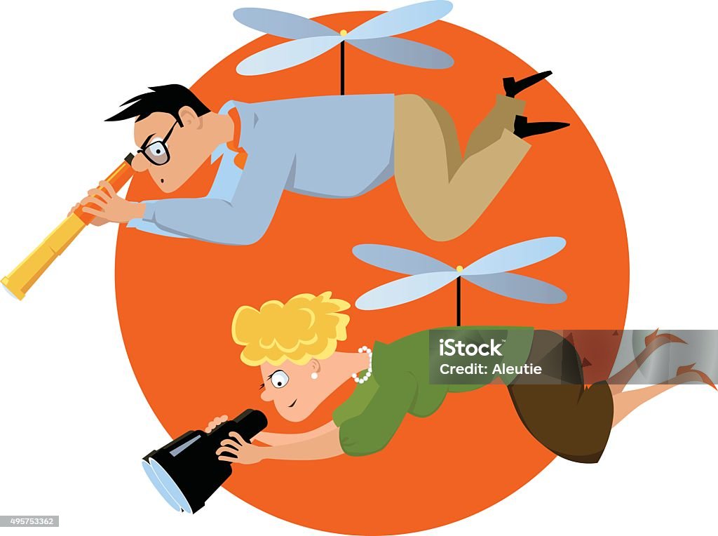 Helicopter parents Overprotective couple hovering with a telescope and a binoculars, watching over their children, EPS 8 vector illustration, no transparencies  Parent stock vector