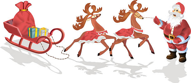 istock Santa Claus with sledge, deers and Christmas presents 495754722