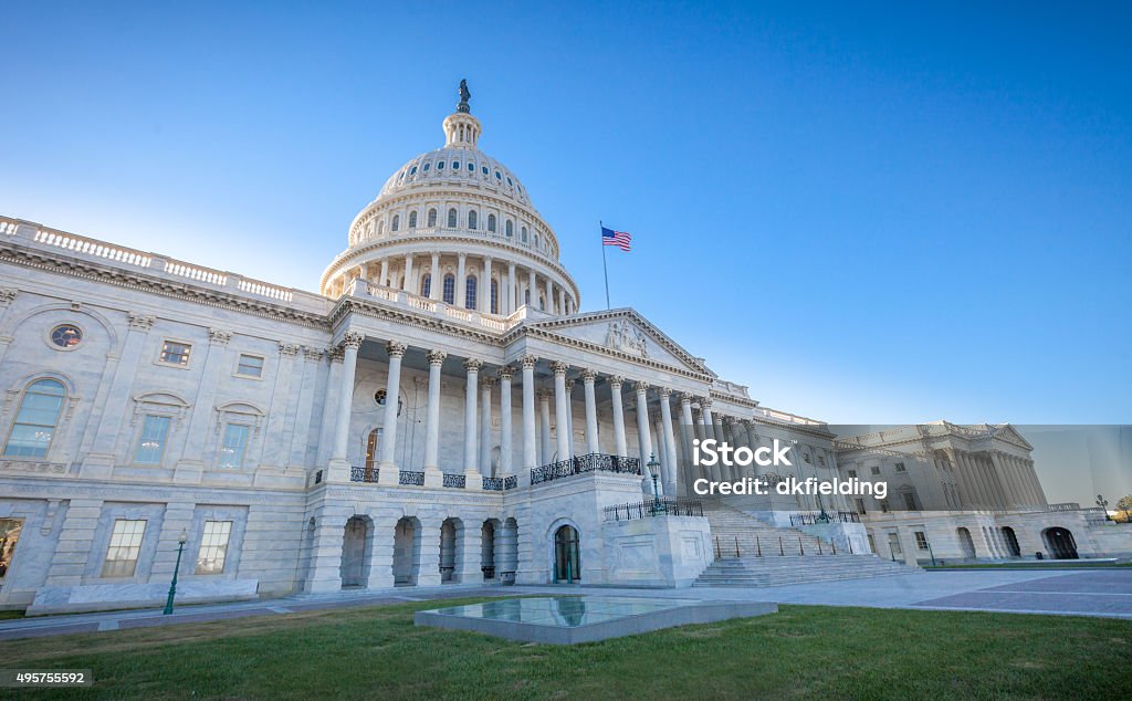 United States Capitol East Facade at angle Low angled view of the U.S. Capitol East Facade Front in Washington, DC. Capitol Building - Washington DC Stock Photo