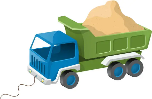 Vector illustration of Colorful dump truck toy with sand. Vector illustration