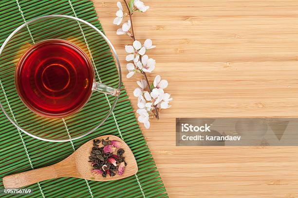 Japanese Green Tea And Sakura Branch Stock Photo - Download Image Now - Above, Asia, Bamboo - Material
