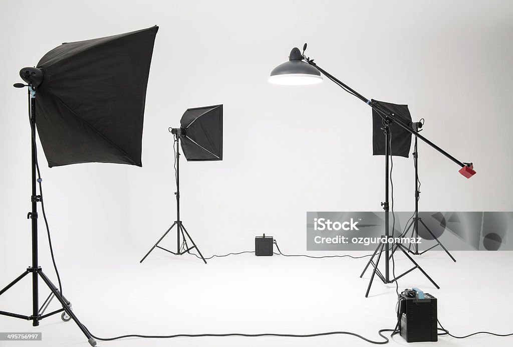 Professional photo studio Professional photo studio with flash lights, stands, camera and background equipments Photo Shoot Stock Photo