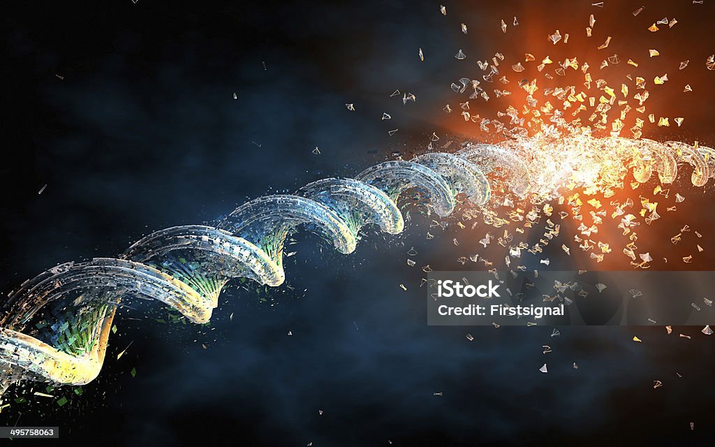 Broken DNA String Computer generated image illustrating an exploding DNA String. This is a fictional science 3d illustration showing DNA. DNA Stock Photo